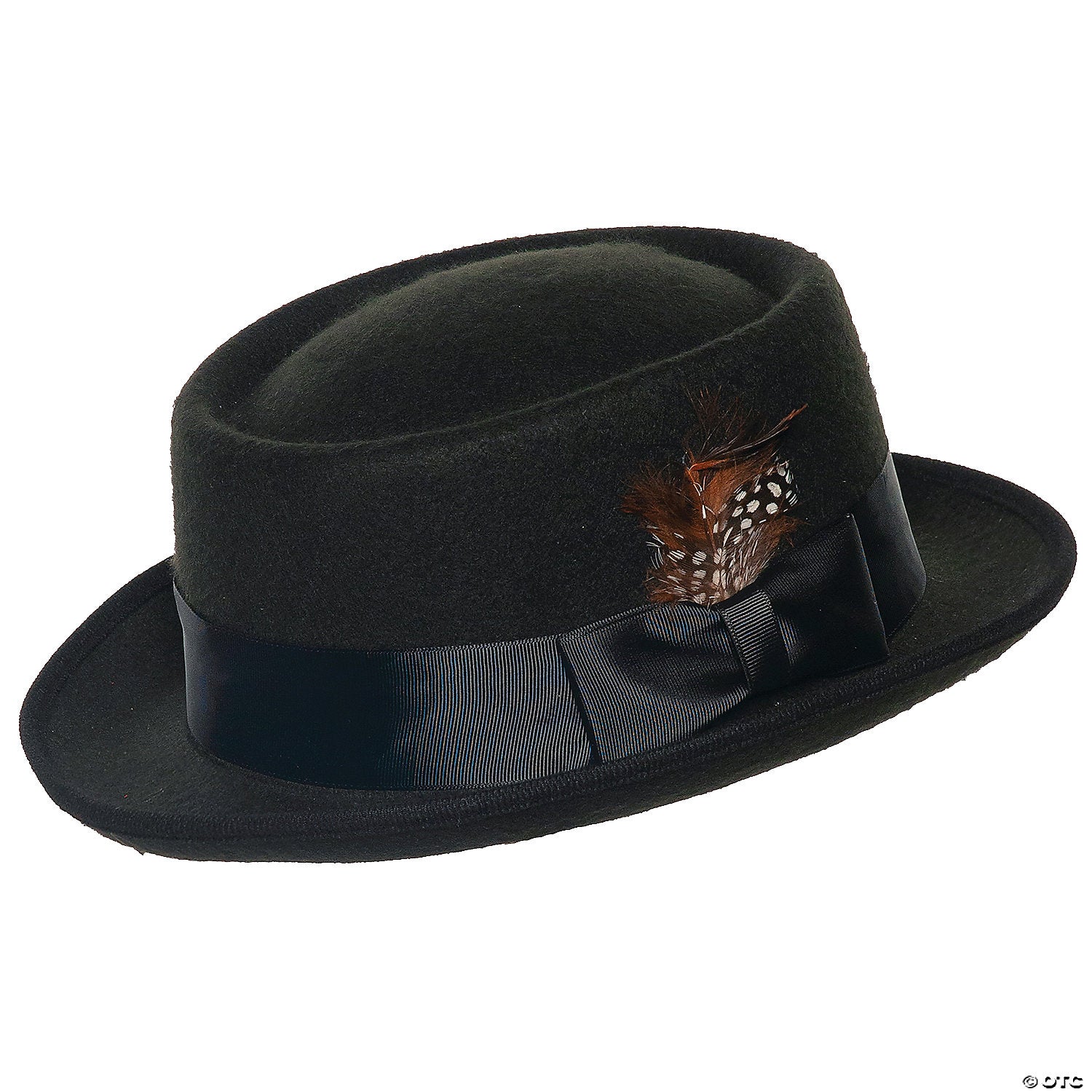 adults black pork pie hat with feather~ur30583